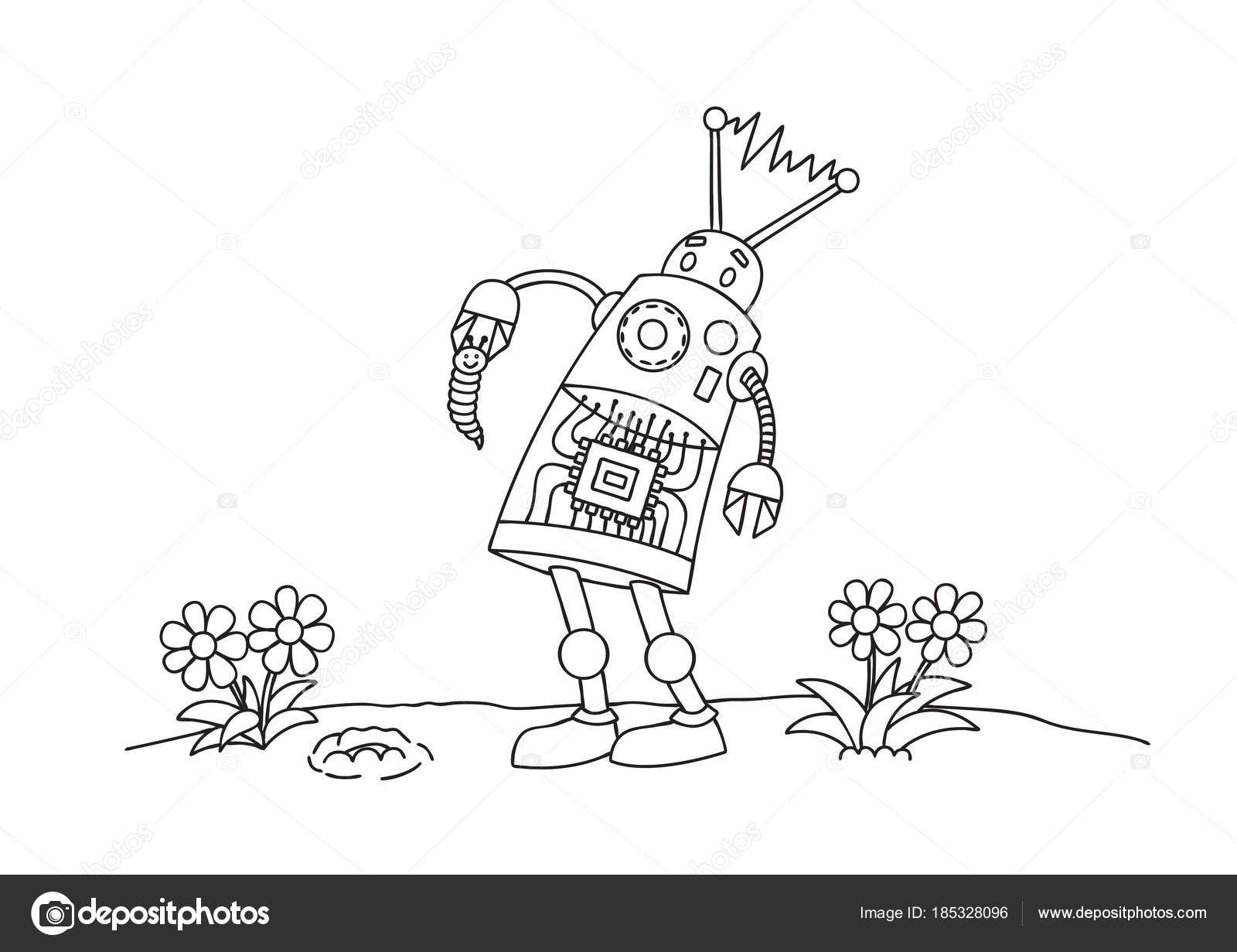 Robot sveglio disegnato a mano tenere piccolo verme per elemento di disegno e colorazione pagina del libro per bambini e adulti