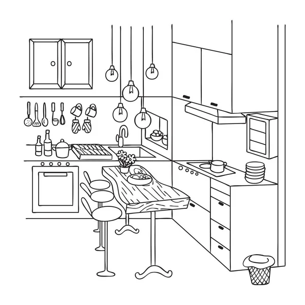 Hand Drawn Cute Interior Kitchen Design Element Coloring Book Page — Stock Vector