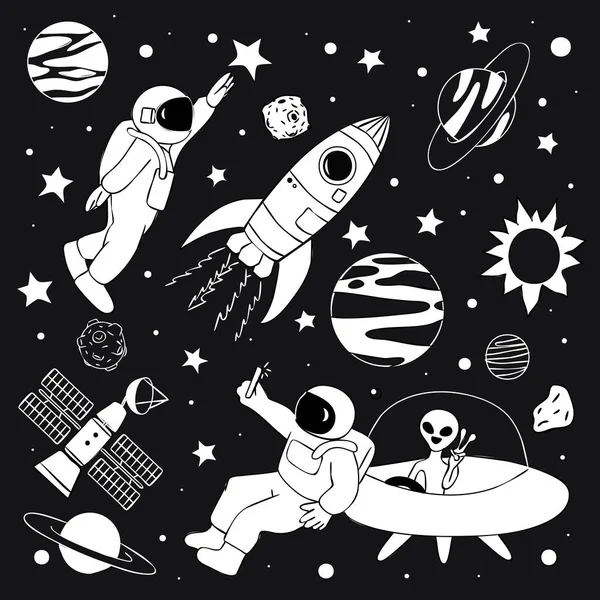 Astronaute Dessiné Main Prendre Selfie Avec Extraterrestre Jouer Avec Les — Image vectorielle