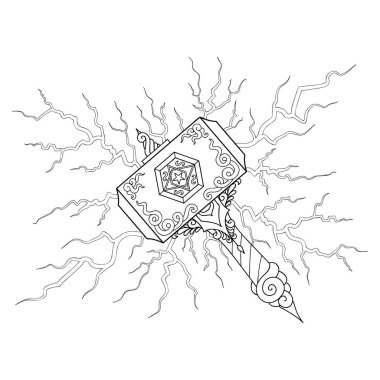 Hand drawn beautiful hammer with light bolt for illustration and coloring book page for adult and kids clipart