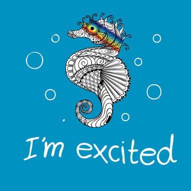 Denizatı gökkuşağı gölge olduğumu açıklamalarıyla birlikte onun gözü ile çizilmiş zendoodle sanatı Excited el t shirt baskı ve nakış için. Vektör çizim
