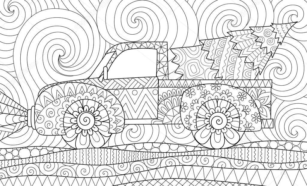 Line art design of pickup truck with christmas tree for adult coloring book,coloring page and other design element. Vector illustration