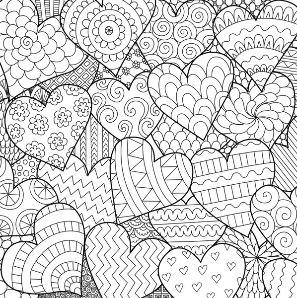 Line Art Many Hearts Background Valentines Cards Posters Adult Coloring — стоковый вектор