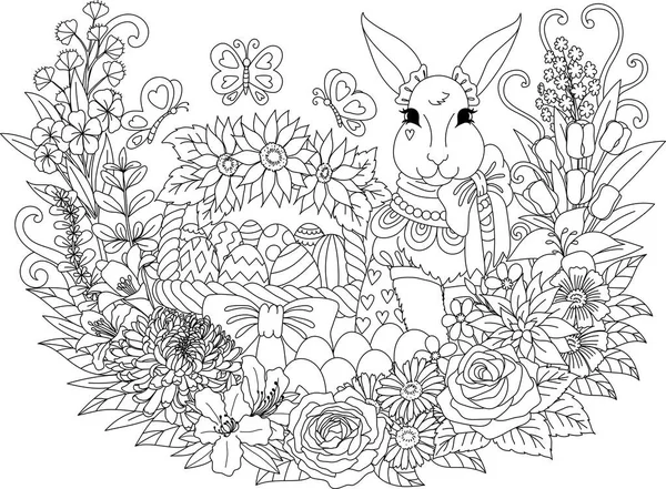 Line Art Cute Bunny Sitting Next Easter Eggs Basket Beautiful — Stock Vector