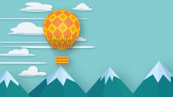 Анимационный Воздушный Шар Летящий Над Красивыми Горами — стоковое видео