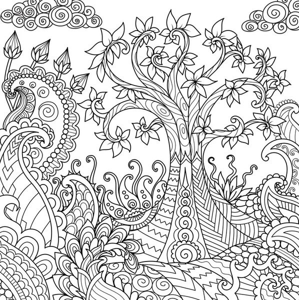 Beautiful Abstract Tree Design Element Adult Coloring Book Vector Illustration — Stock Vector