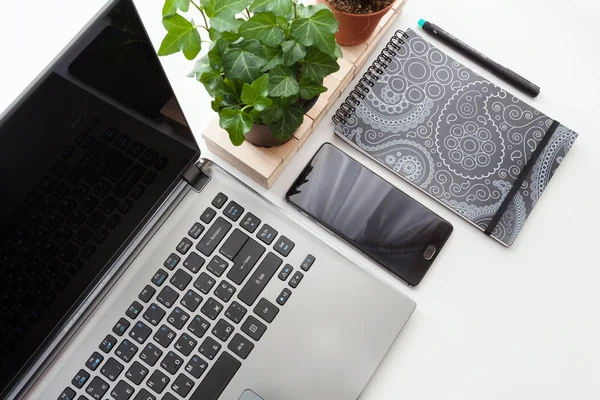 Top view of white office desk with laptop, smartphone and plants. Top view with copy space. — Stock Photo, Image