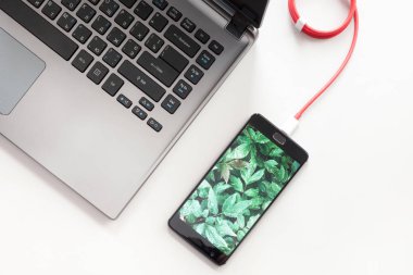 Dizüstü bilgisayar ve smartphone beyaz masa üzerinde şarj çalışma alanı. Smartphone yeşil bitkiler ekranlı dizüstü bilgisayara bağlanma.