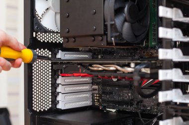 Teknisyen ekran kartı sistem örneğine iliştirmek için bir tornavida kullanın