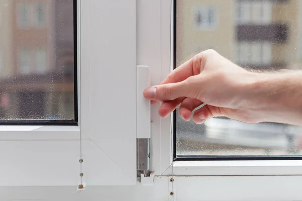 Worker Removes Protective Plug Element Plastic Window Preparing Plastic Window — Stock Photo, Image