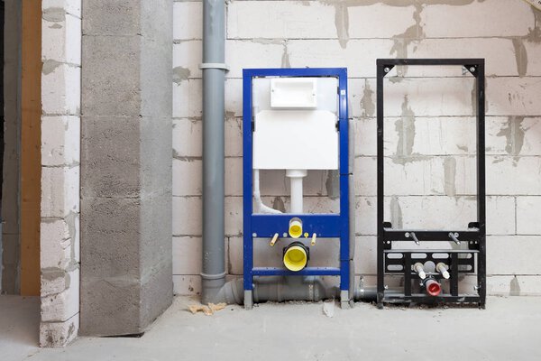 All fastener design for suspended toilets. Construction hanging toilet. Installation for toilet and washbasin