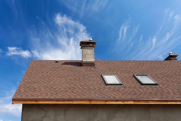 New Roof Skylight Asphalt Roofing Shingles Chimney Roof Mansard Windows — Stock Photo, Image