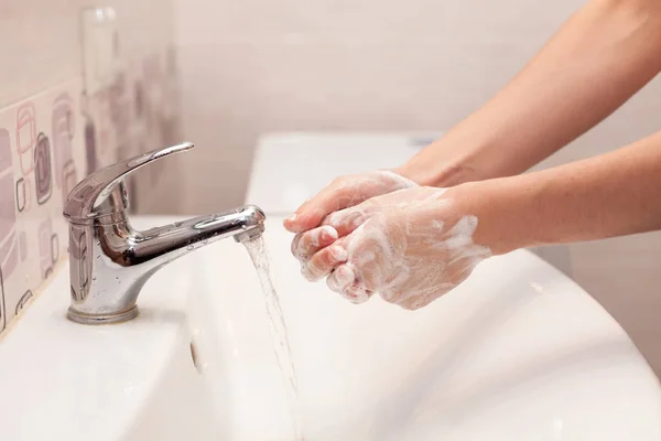 Woman Soaping Her Hands Soap Hygiene Washing Hands Bathroom Stock Picture