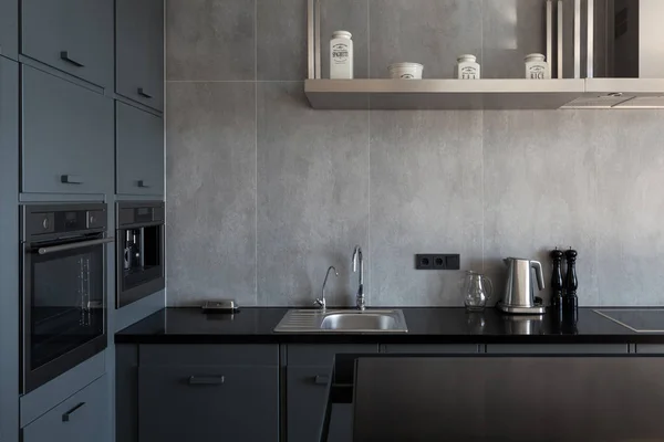 New Modern White Kitchen Built Oven Chrome Water Tap — Stock Photo, Image