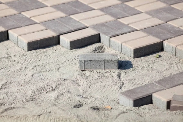 Bloques Pavimentación Gris Vista Lateral Nueva Acera Con Piedras Rectangulares —  Fotos de Stock