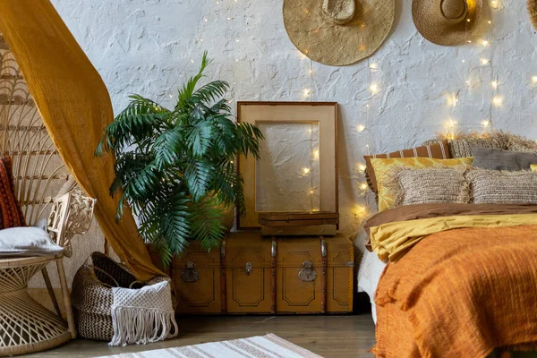 Cozy house with room in boho style interior — Stock Photo, Image