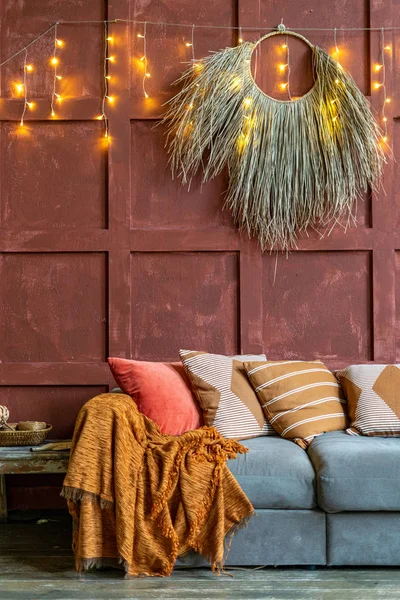 Cozy house with room in boho style interior — Stock Photo, Image