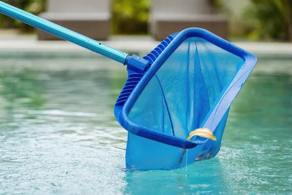 Limpieza de la piscina de hojas caídas con equipo especial de malla skimmer —  Fotos de Stock