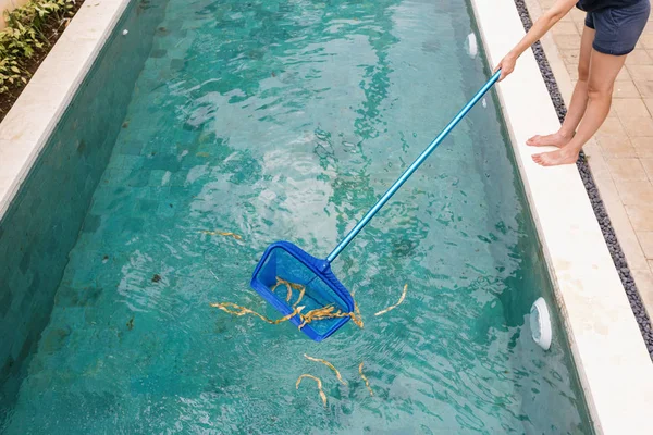 Maintrance with skimmer net tool cleaning swimming pool — Stock Fotó