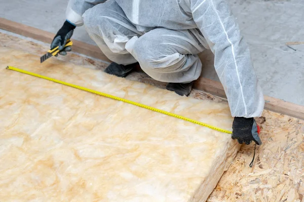 Cropped View One Workman Overalls Working Rockwool Insulation Material Using — Stock Photo, Image