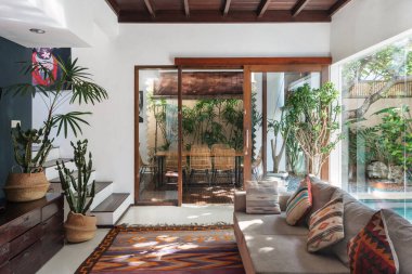 Oturma odasının otantik iç dekorasyonu, rahat koltuğu, yastıkları, dokunmuş süs halısı, hasır sepetinde bitki ve kaktüsü olan bir ev.