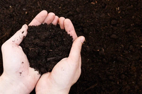 Férfi farmer gazdaság talaj. Föld napja és az ökológia fogalma — Stock Fotó