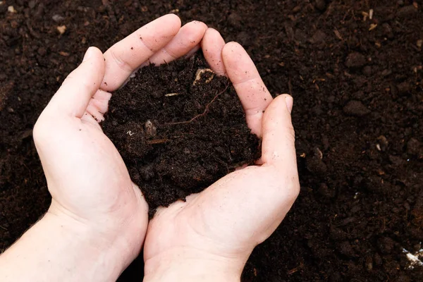 Hombre agricultor sosteniendo tierra. Día de la Tierra y concepto de ecología — Foto de Stock