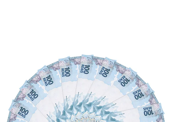 Brasilianische Geldscheine, brasilianischer Real, Banknotendetail, Banknotenfrau isoliert. Sparkonzept. — Stockfoto