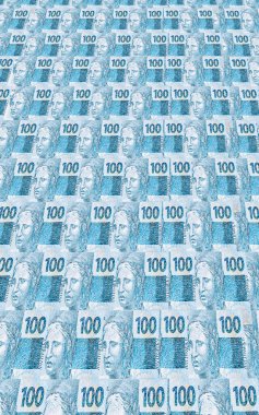 Brezilya para banknotları, 100 reais, gerçek Brezilya dokuları. Ekonomi konsepti veya tanıtım, perakende ve ticaret imajı. Odak noktası