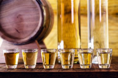 Hand holding glass of alcoholic drinks, cachaça, drips, rum and cognac. Selection of strong and hard alcoholic drinks, glasses. Vodka, cognac, whiskey, grappa, liqueur, vermouth, tincture, rum.