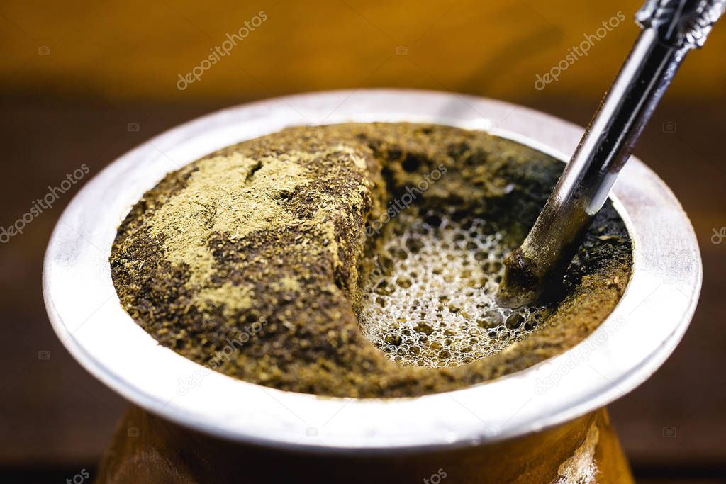 Chimarro, or mate, is a beverage characterized by South American culture. Typical Brazilian drink, served hot and frothing. Tasty traditional drink from Rio Grande do Sul state. Gaucho symbol