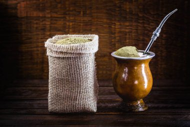 Chimarrão, or mate herb, is a South American drink left by indigenous cultures. It consists of a gourd, a pump, ground yerba mate and boiling water. Chimarrão isolated on wooden background. Copy space