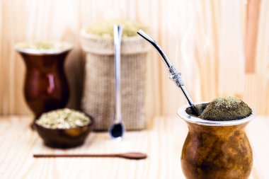 Chimarrão, or mate, is a characteristic drink of the culture of southern South America. mate bowl with mate herb, pump and accessories for preparing mate herb. Space for text.