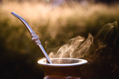 Mat Bowl, açık havada. Yerba, tipik Arjantin, Brezilya ve Uruguay çifti. Arka planda dağ manzarası. Bir su kabağı, bir pompa, toprak eşleşmesi ve sıcak sudan oluşur..