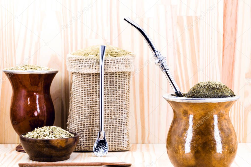 Chimarrão, or mate, is a characteristic drink of the culture of southern South America. mate bowl with mate herb, pump and accessories for preparing mate herb. Space for text.