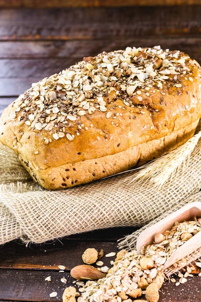 homemade bread, with chestnuts, walnuts, oats, flaxseed and seeds. Small business product for export.Vegan bread, concept of exporting organic products.