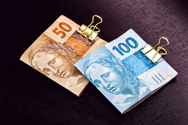 Billetes Cien Reales Cincuenta Reales Con Monedas Real Dinero Brasil — Foto de Stock