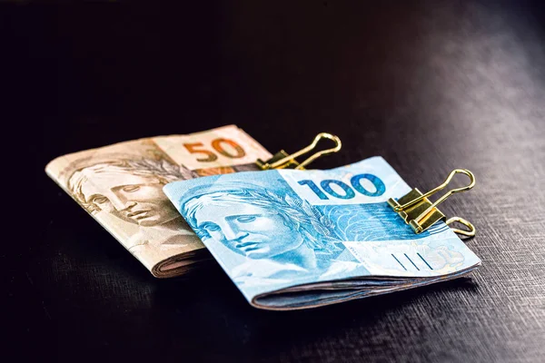 Billetes Cien Reales Cincuenta Reales Con Monedas Real Dinero Brasil — Foto de Stock