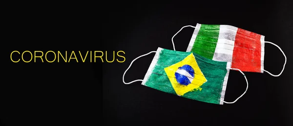 Máscaras Respiratorias Desechables Con Texturas Bandera Brasil Italia Concepto Epidemia — Foto de Stock