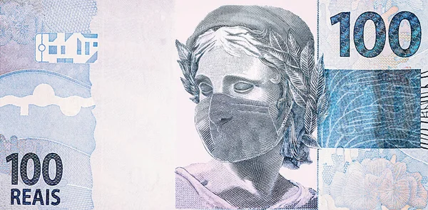 100 Reali Jednorazową Maską Medyczną Koncepcja Epidemii Koronawirusów Brazylii Wpływ — Zdjęcie stockowe