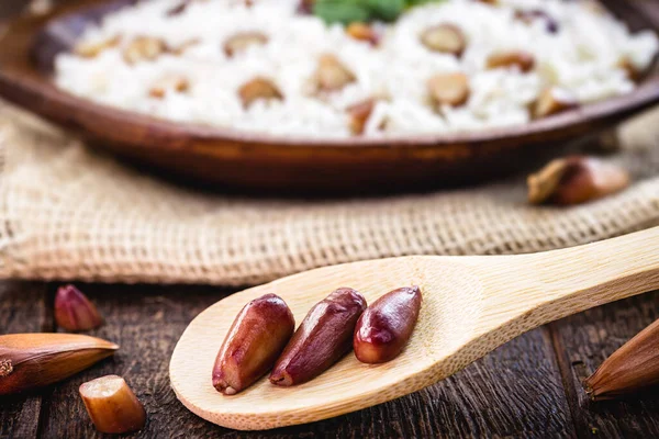 Приготовленные Кедровые Орехи Используемые Зимних Блюдах Пилон Ложке Рисом Заднем — стоковое фото