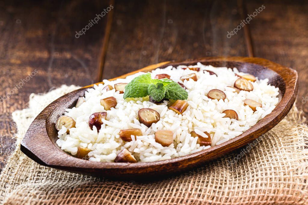 rice with pine nuts, typical Brazilian food during the winter. Meal made with pinaceaes and araucariaceaes, served hot. IN Brazil it is called 
