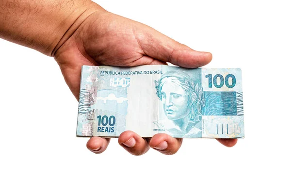 Billetes 100 Reales Brasil Sostenidos Por Mano Masculina Sobre Fondo — Foto de Stock