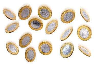 Falling Brazilian real coins isolated on white background, moving and falling effect. Money rain. clipart
