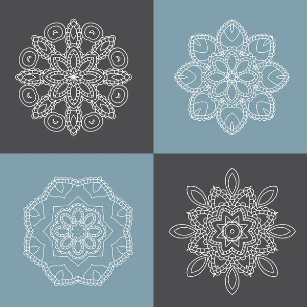 Four beautiful circular ornament on a colored background. Mandal — Stock Vector