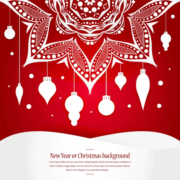 White Christmas decorations, toys, snow falling on a red background. Mandala. 