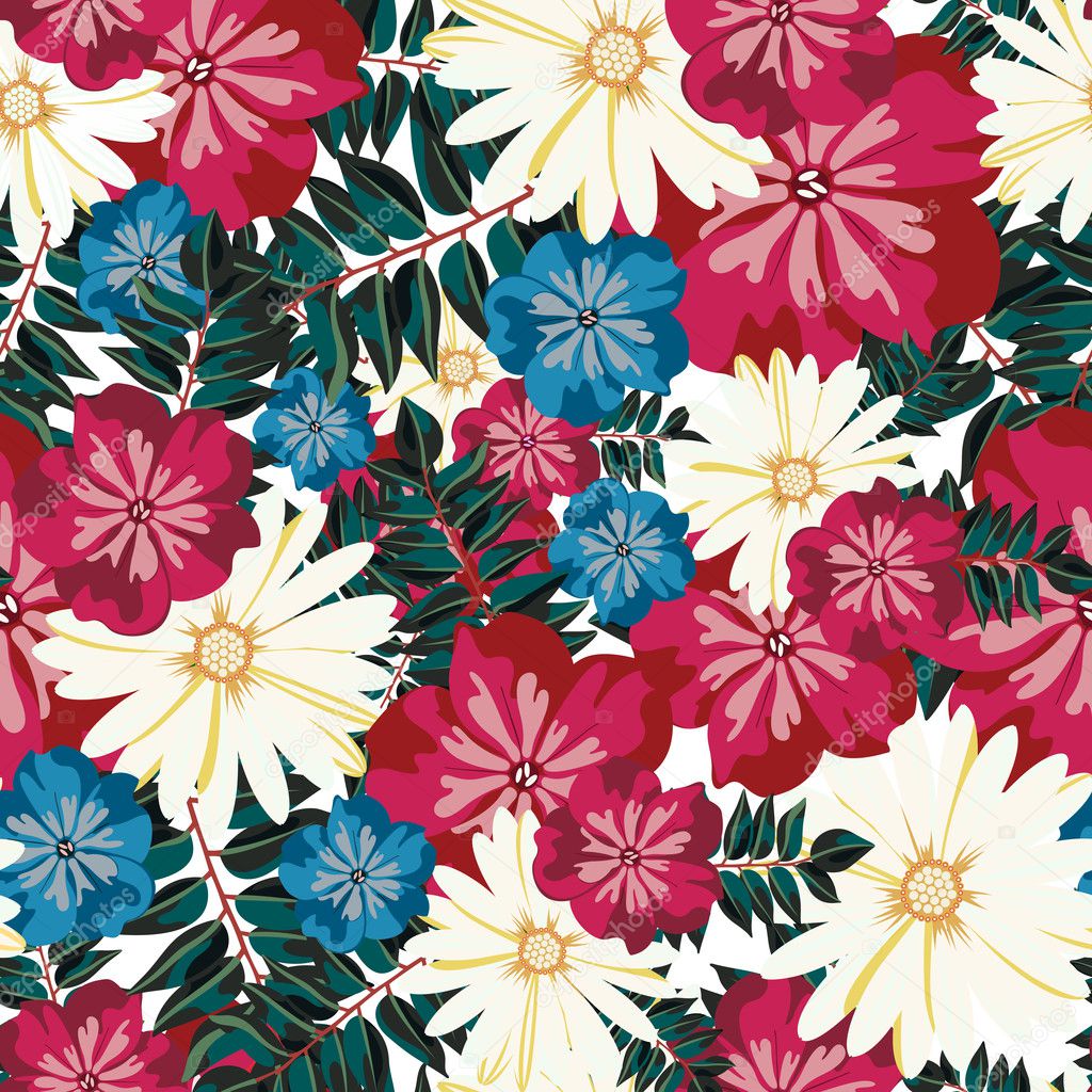 Beautiful floral seamless pattern. Bright buds, leaves, flowers.