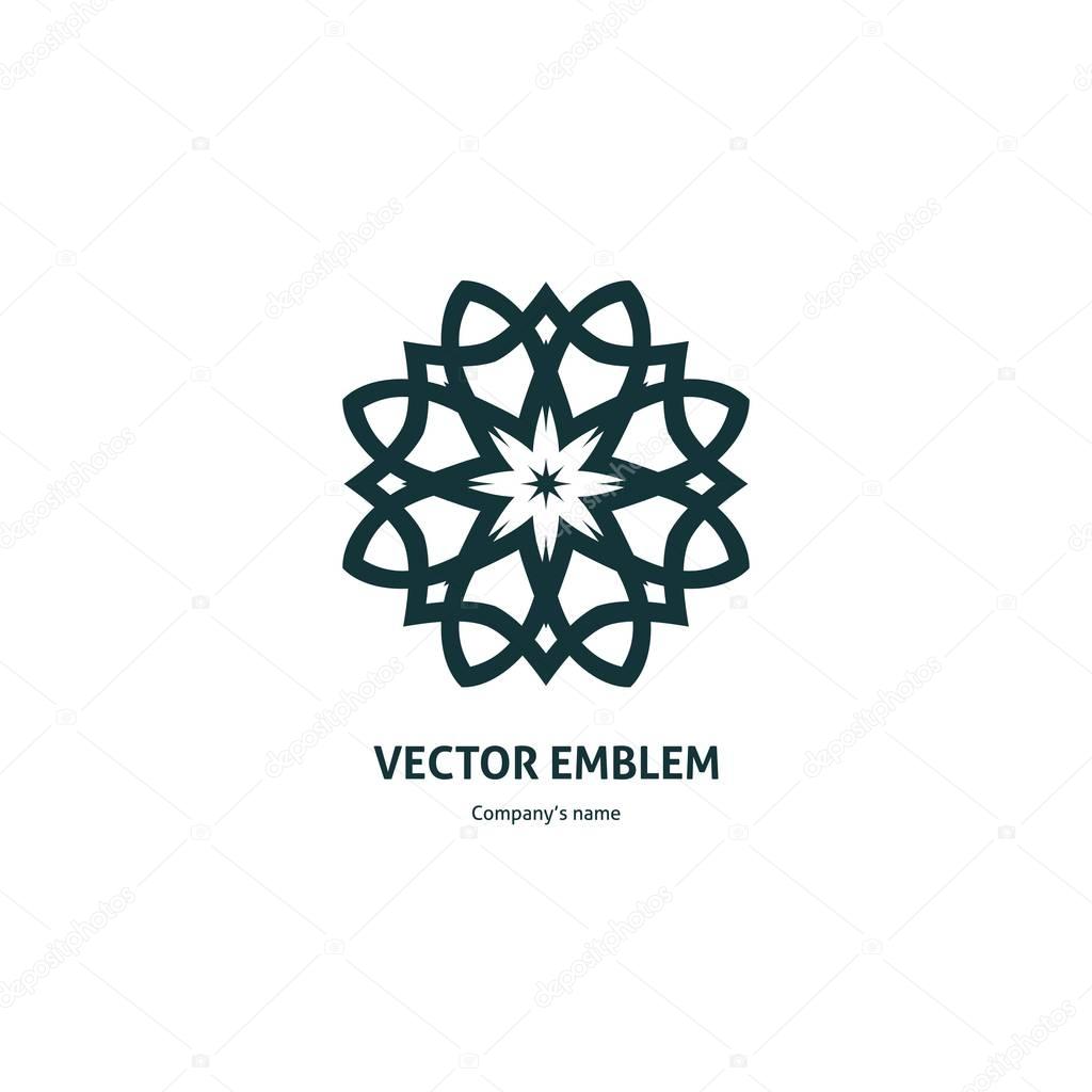 Vintage beautiful circular logo for boutique, flower shop, business. Company mark, emblem, element. Simple geometric mandala logotype. Kaleidoscope big bud. Surround abstract blossom.