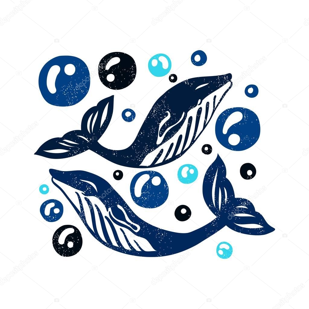 Hand-painted Illustration with whales and bubbles. Dark blue whales. Vector illustration of marine mammals. Vector whale silhouette. Nautical vintage illustration.