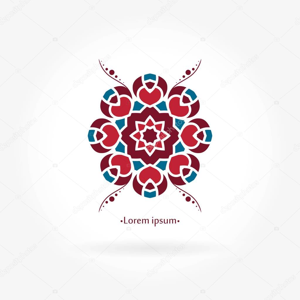Vintage beautiful circular logo for boutique, flower shop, business. Company mark, emblem, element. Simple geometric mandala logotype. Kaleidoscope big bud. Surround abstract blossom.